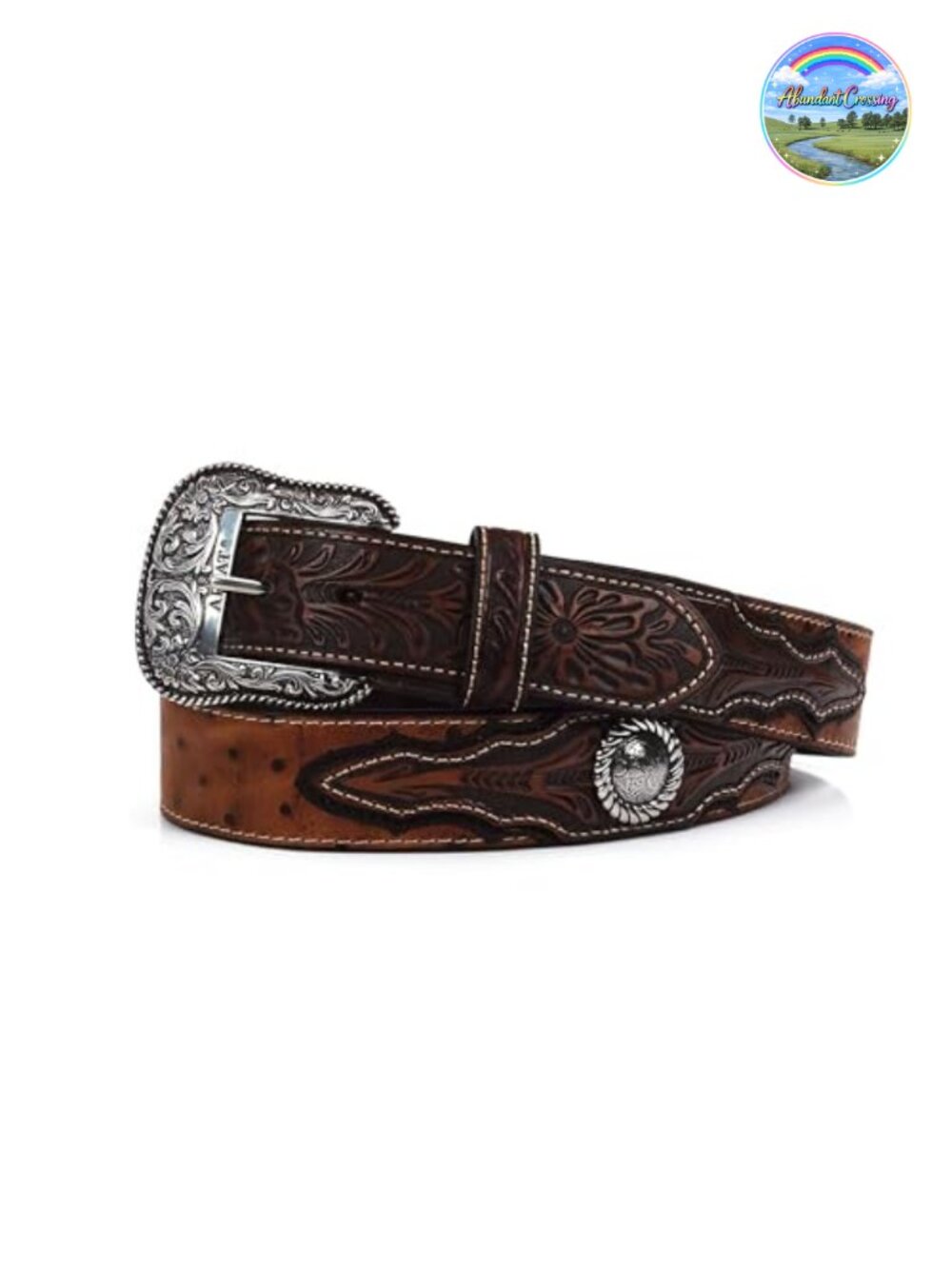 Faux Ostrich Leather Western Belt with Silver Conchos Removable Buckle